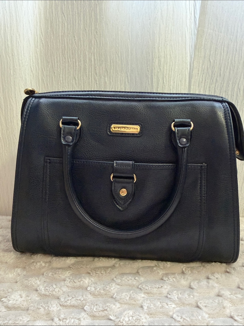 Liz Claiborne Black Leather Satchel with Gold Hardware